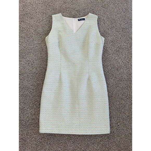 Poeta Womens Sz L White & Gold Sleeveless Tweed Sheath Dress With V-Neckline - Picture 5 of 10